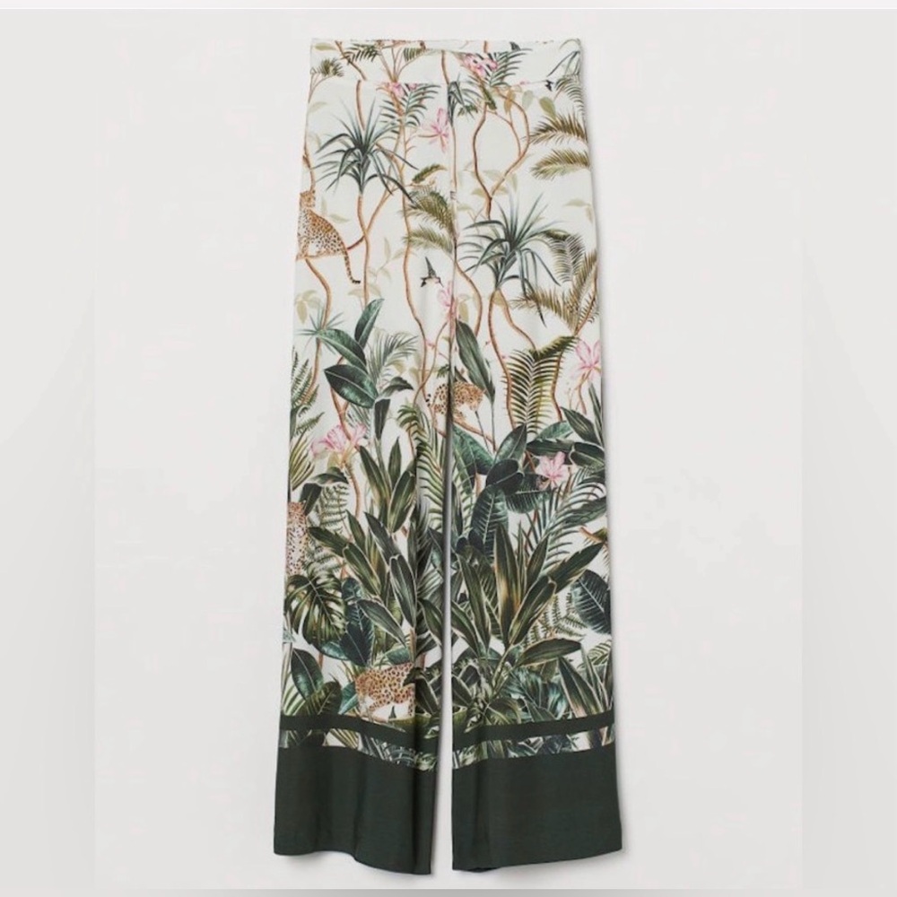 Tropical Print Wide-Leg Maxi Skirt - Cream & Green